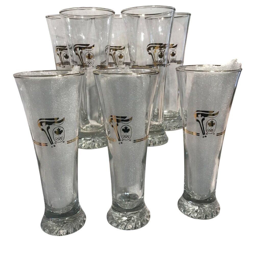 Calgary Winter Olympics Pint Glasses Tall Beer Gold Trim Set Of 8 Vintage 1988